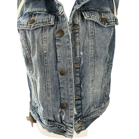 Free People Blue and Gray Jean Jacket with Hood - Picture 7 of 15